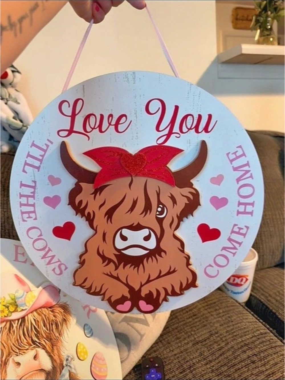 Highland Cow Love You Hanging Decor Blue & Brown